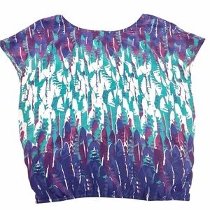 TART Silk Vibrant Feather Inspired Print Crossover Back Blouse